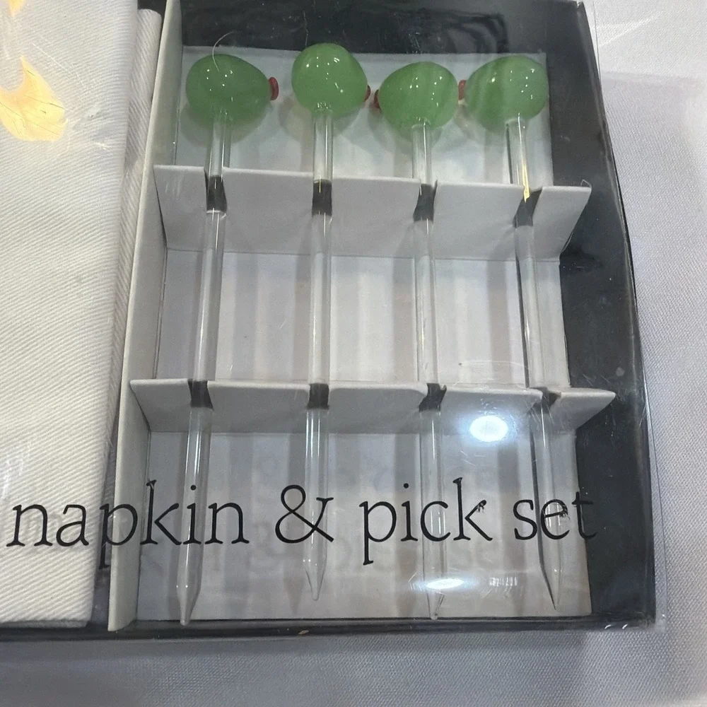 Boston Warehouse Cocktail Napkin and Glass Pick Set New in Box Green Olive 🫒 24